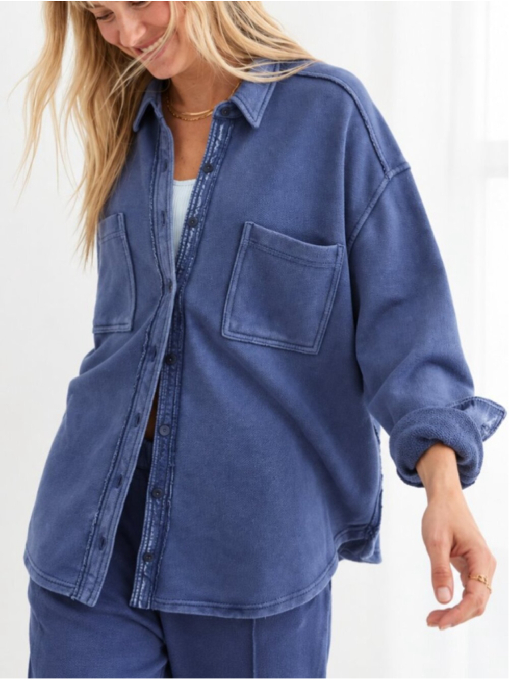 AERIE LumberJane Fleece Shirt Blue Large Oversized Shacket Button Front Relaxed
